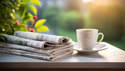 a stack of newspapers and a cup of coffee on the table - obrazy, fototapety, plakaty