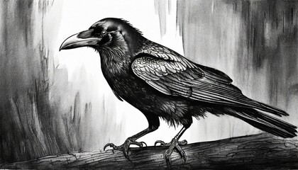 black raven engraving black and white drawing
