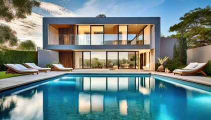 elegantly designed contemporary home with a mesmerizing pool scene generative ai
