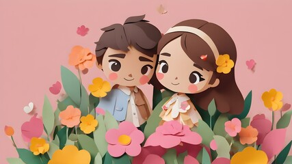 couple in the middle of flower ,valentine's day festival .Vector illustration.paper craft style.Valentine's Day concept