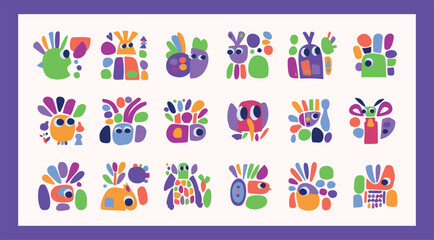 Fototapeta premium Simple creature and leaf illustration collection in bold style for kids fun graphic design. Whimsical colorful vector drawing in happy folklore style set of motifs. 