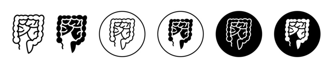 Gut icon. human stomach abdomen large and small intestine health care. gut colon pain healing of anal tract canal of digestive system vector. constipation diarrhea of bowel movement enzyme symbol set - obrazy, fototapety, plakaty