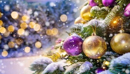 Obraz na płótnie Canvas close up christmas tree in winter snow fall evening decorated with gold and purple christmas globes xmas and new year background wallpaper generative ai