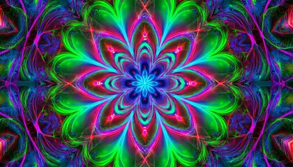 Fototapeta na wymiar psychedelic neon flower a digital abstract fractal image with a neon flower design in green blue red and pink