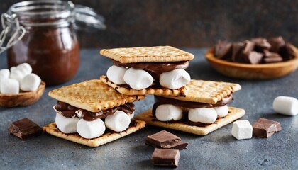 homemade marshmallow smores with chocolate on crackers generative ai