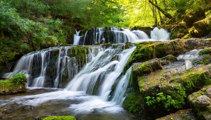 waterfall cascades in a green forest