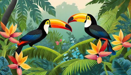illustration of a tropical rainforest with toucans generative ai