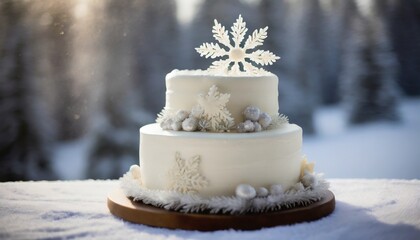 Obraz na płótnie Canvas elegant winter wedding cake adorned with snowflake decorations winter wedding generative ai
