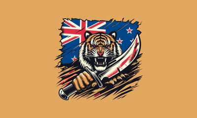 head tiger angry hold knife with flag australia vector flat design