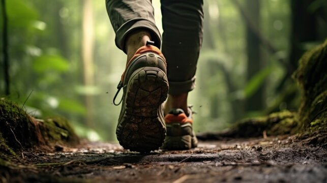 close up shoe back view hiker walking in rainforest.generative ai