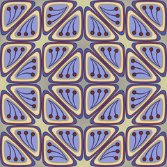 Geometric seamless pattern in ethnic style. Delicate violet grey colours. Old mosaic triangles tiles with oriental pattern. Vector decorative triangles. For wallpaper, giftpapers, textile.