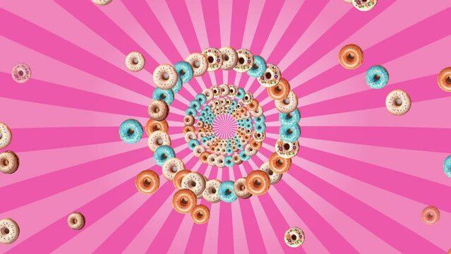 Donuts Flying And Rotate Circle Animation On Retro Background. Donuts Pattern Animation. Animation Of Realistic Yummy Donuts Are Rotating On Soft Red Background