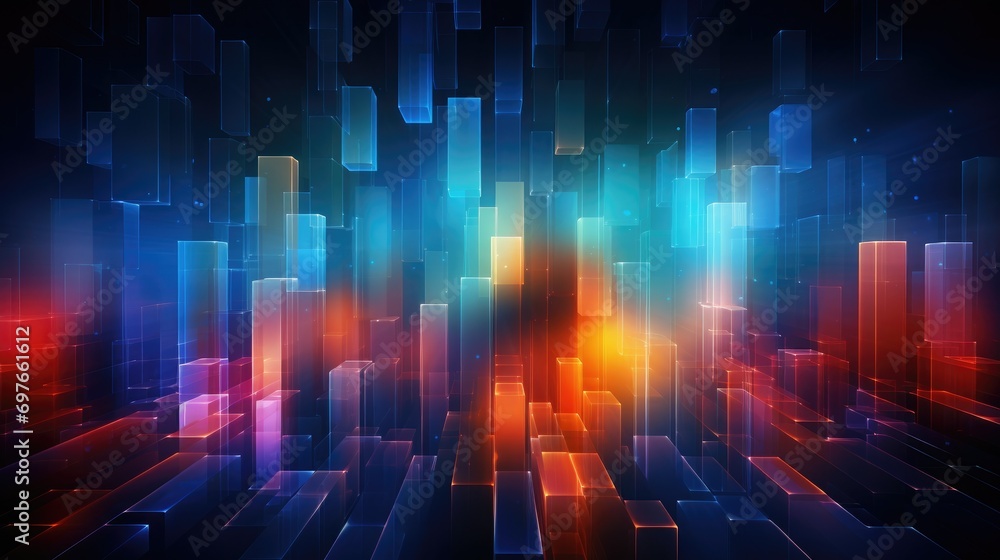 Poster dynamic illuminated block design, dynamic design with 3d illuminated blocks in space colorful lights