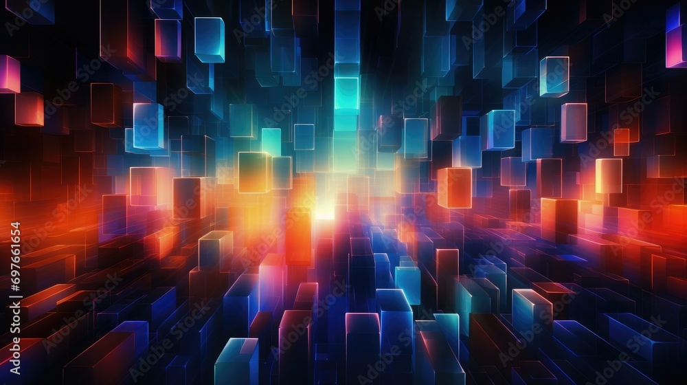 Aufkleber futuristic glow cube abstraction, futuristic abstraction with 3d glow cubes in space colorful lights