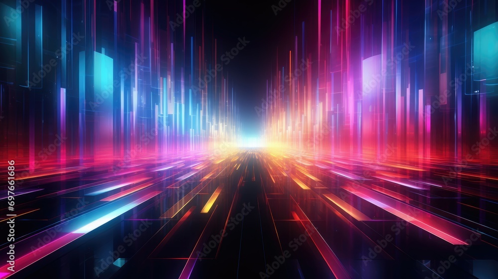 Poster mesmerizing neon grid pattern, mesmerizing pattern with 3d neon grids in space colorful lights neon 