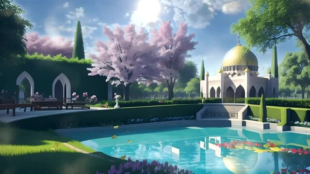 View of the Mosque building in the garden with a beautiful pond and trees. Fantasy style Islamic virtual animated background