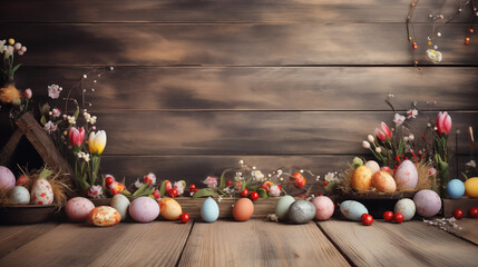 Emmpty wooden table background - easter spring theme - 697662221