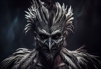 Feathered male mask that appears terrifying. Generative AI