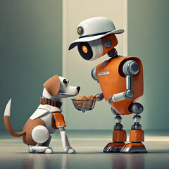 Naklejka premium cute little orange futuristic vintage robots - feed the dog