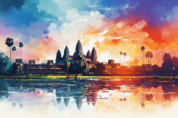 Angkor Wat Temple, Cambodia, Southeast Asia. Watercolor painting landscape colorful of architecture, section natural tourism travel in beautiful season and sky background. Hand drawn illustration. - obrazy, fototapety, plakaty