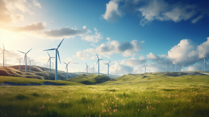 Panoramic view of wind farm or wind park, with high wind turbines for generation electricity - obrazy, fototapety, plakaty