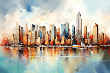 oil painting on canvas, Landmarks of New York City, USA.