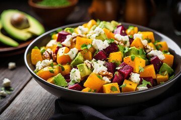 Healthy  salad with beetroot, avocado, walnut and feta cheese in black bowl