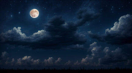 Night landscape with a cloudy sky illuminated by the full moon and stars.