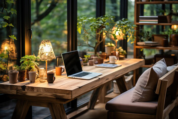 A cozy and stylish home office setup with a laptop on a wooden desk, surrounded by plants and warm lighting. - obrazy, fototapety, plakaty