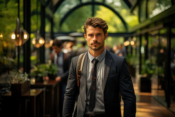 Fototapeta premium A handsome young businessman in a suit with a confident gaze stands in an urban garden setting.