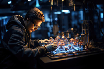 A scientist in a dark laboratory conducts experiments with test tubes, portraying professionalism and concentration.
