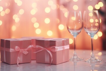 Two empty wine glasses with pink gift boxes, concept for Valentine's Day, March 8, Mother's Day, romantic dinner.