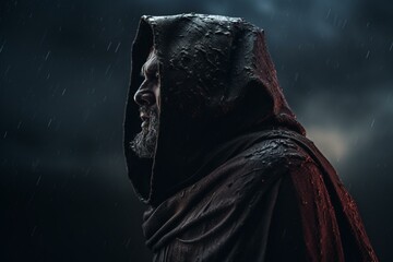 A brooding Sith Lord contemplates a planet against a dark sky with gloomy atmosphere. Generative AI