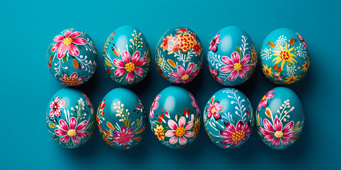 Fototapeta na wymiar Bright colorful Easter eggs on blue background close up. Easter stylish minimal composition.