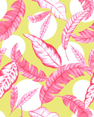Tropical plant pattern suitable for textile fabrics, clothing, home decoration and more.