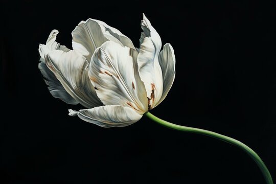 A painting of a white tulip on a black background with a green stem. Generative AI