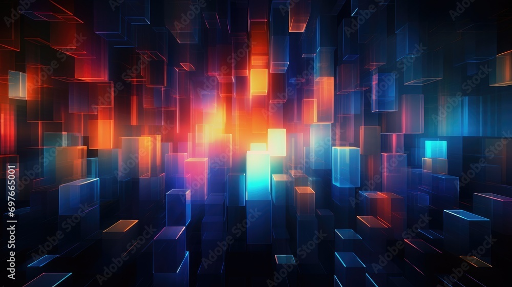 Poster dynamic illuminated box pattern, dynamic pattern with 3d illuminated boxes in space, colorful lights