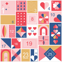 Geometric advent calender. Advent Calendar red, pattern with hearts. Calander for a month