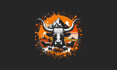 head cow long horn on mountain vector flat design