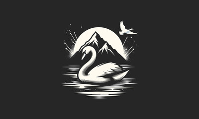 swan on sea and mountain vector illustration flat design