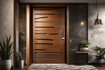  a modern wooden art door design that seamlessly blends traditional craftsmanship with contemporary...