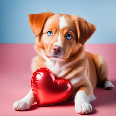 Funny ginger puppy with blue eyes and red air balloon in the shape of a heart on light blue background. Valentine's day with pet. Festive postcard.