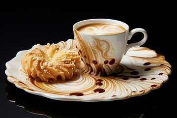An artistic coffee cup with foam design and a flaky pastry on a serving dish. Generative AI