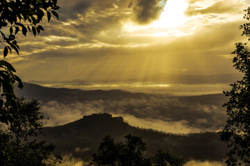 Natural wallpapers (mountains, morning light, fog, trees) scattered around, Lanscape background of fresh air and fresh air.