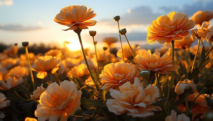 Calendula flower field in sunset. Calendula flower sunrise. Orange calendula. Field of poppies during sunset. Flower field in sunset Winter flowers. Beautiful orange flowers sprouting - Powered by Adobe