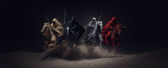Four Horsemen of the Apocalypse - white for conquest, red for war, black for pestilence or famine,...