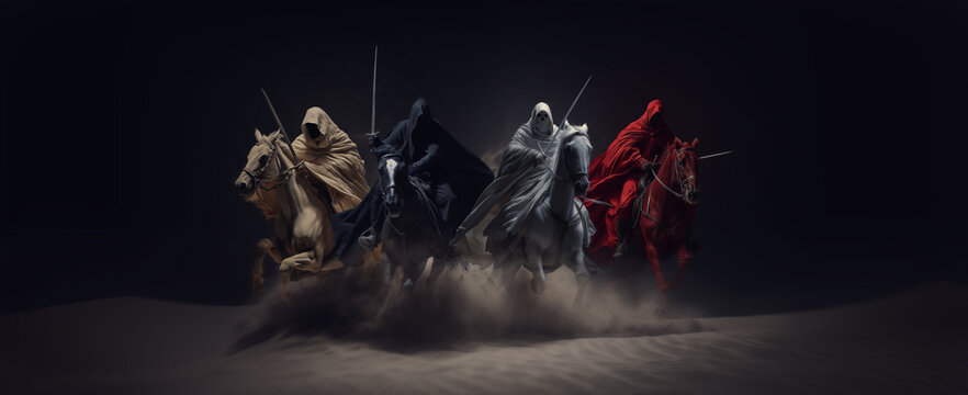 Four Horsemen of the Apocalypse - white for conquest, red for war, black for pestilence or famine, and pale for death - black background - desert landscape © ana