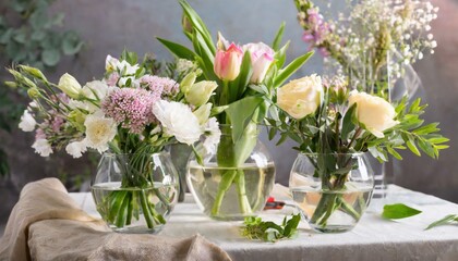 Beautiful spring flowers bouquets in glass vases on festive table