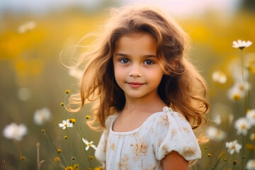 Girl in field among flowers. Concept of innocence in nature.