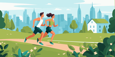 Vector illustration in simple flat style and characters - man and woman running in the autumn park